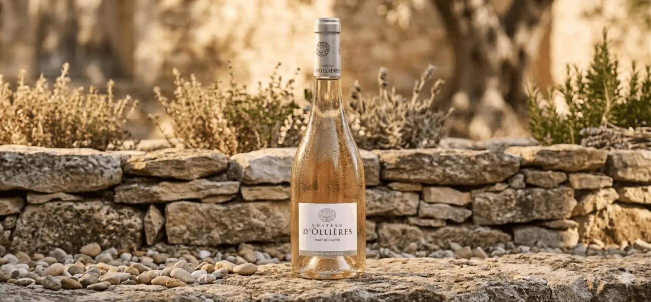 Bouteille de vin rosé Château d'Ollières Haut de l'Autin 2025 posée sur un muret en pierres sèches avec un olivier en arrière-plan.