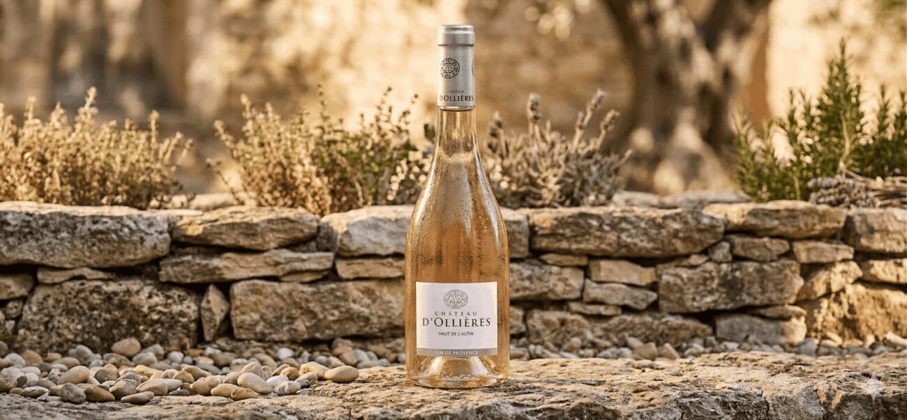 Bouteille de vin rosé Château d'Ollières Haut de l'Autin 2025 posée sur un muret en pierres sèches avec un olivier en arrière-plan.