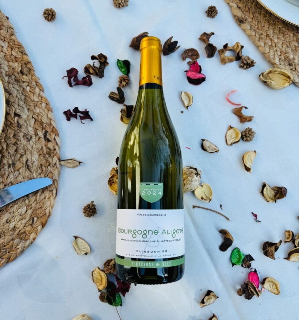 Bouteille de vin blanc Bourgogne Aligoté 2024 des Vignerons de Buxy posée sur un muret en pierre rustique.